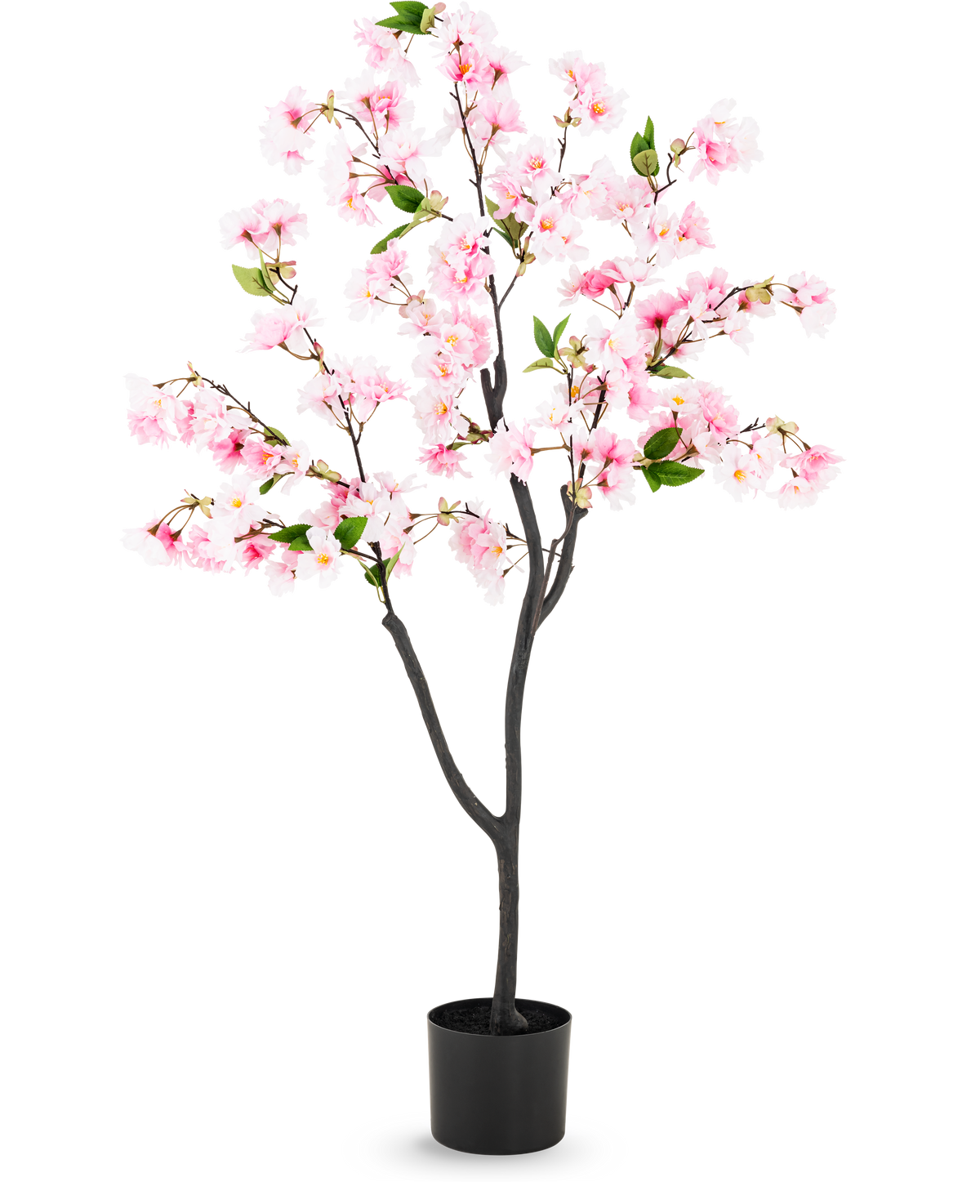 Künstliche Kirschblüte 120 cm rosa mit rosa Blüten und grünen Blättern in einem schwarzen Topf, hergestellt aus Seidenblumen für eine realistische Optik, vor weißem Hintergrund.