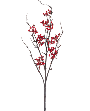 Der künstliche Beerenzweig 93 cm rot hat einen kahlen braunen Zweig mit mehreren Ablegern und Büscheln leuchtend roter Beeren vor einem schlichten weißen Hintergrund.