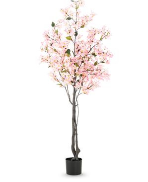 Kunstpflanze Bougainvillea 180 cm rosa mit mehreren Zweigen voller kleiner rosa Blüten und grünen Blättern in einem schlichten schwarzen Topf, vor weißem Hintergrund.