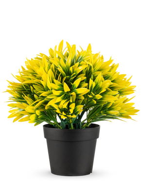 Die Kunstpflanze Gelbe Sonne im Topf UV 22 cm hat einen schwarzen Blumentopf mit einer dichten, künstlichen Pflanze mit spitzen gelben und grünen Blättern, perfekt, um jeden Raum aufzuhellen.