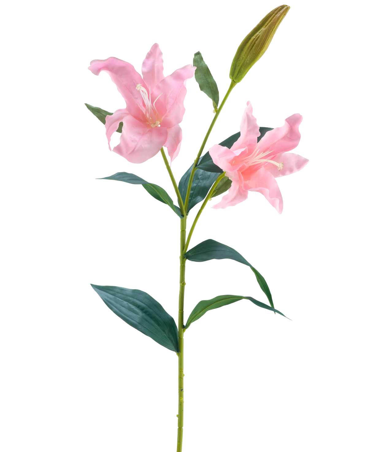 Die künstliche Blumenlilie Real Touch Pink 95 cm hat einen einzelnen grünen Stiel mit zwei blühenden rosa Lilien und einer geschlossenen Knospe, umgeben von langen, spitzen grünen Blättern, vor einem weißen Hintergrund.