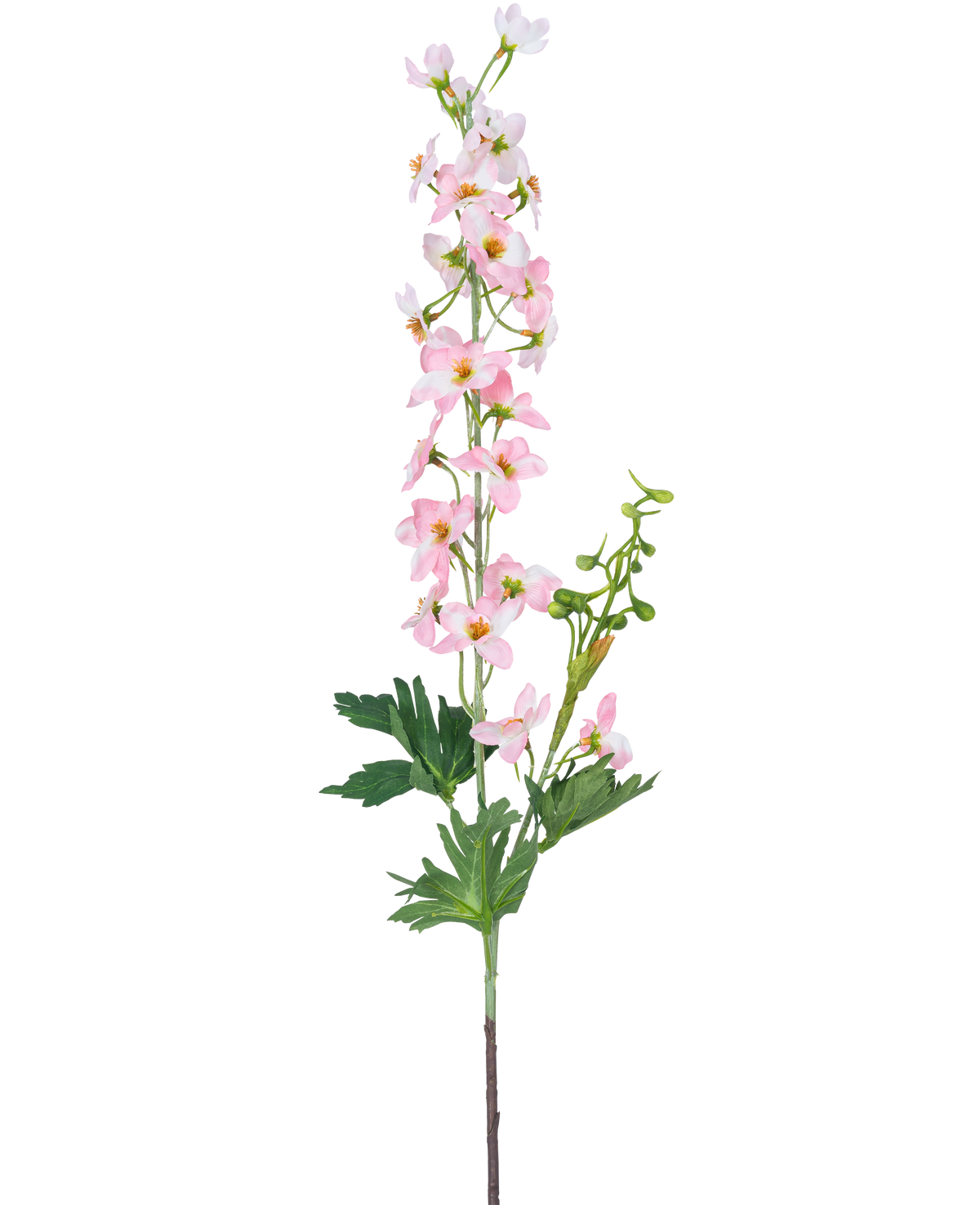 Eine einzelne künstliche Blume Delphinium 79 cm hellrosa hat mehrere kleine hellrosa Blüten und grüne Blätter, isoliert auf einem weißen Hintergrund.