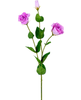 Die künstliche Eustoma Real Touch Pink 72 cm hat einen einzelnen grünen Stiel mit drei hellvioletten Kunstrosen in verschiedenen Blütestadien und verschiedenen grünen Blättern, dargestellt auf einem weißen Hintergrund.