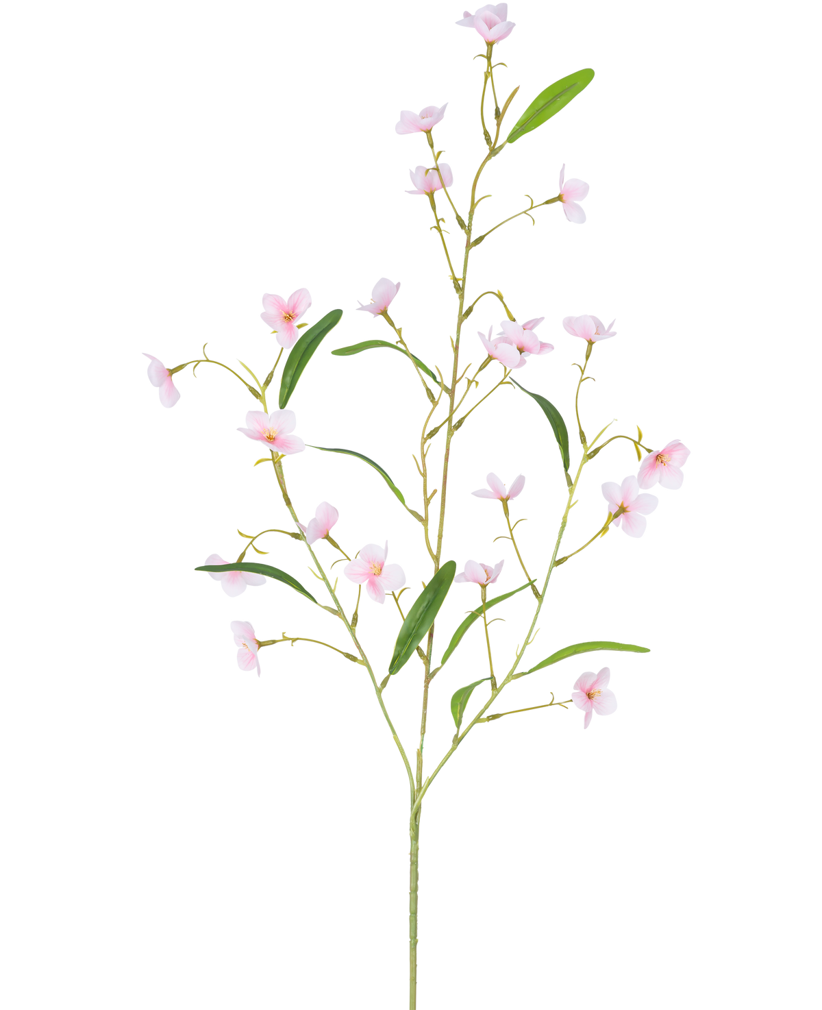 Die künstliche Blume Alstroemeria Real Touch Pink 100 cm hat einen einzelnen Stiel mit mehreren schlanken Zweigen, grünen Blättern und kleinen rosa fünfblättrigen Blüten entlang des Stiels – alles vor einem weißen Hintergrund.
