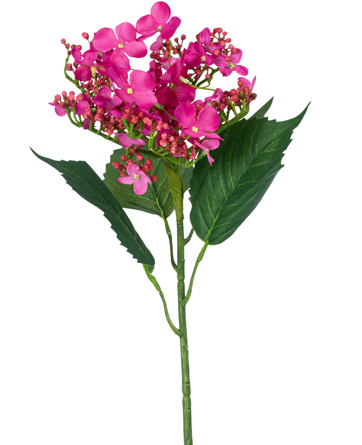 Eine einzelne künstliche Blumen-Schmetterlingshortensie, 72 cm hoch, mit leuchtend rosa Kunstblumen und grünen Blättern, vor einem weißen Hintergrund.