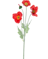 Die künstliche Mohnblume Real Touch rot 60 cm hat einen einzelnen Stiel mit drei leuchtend roten Mohnblüten, einer geschlossenen Knospe und grünen Blättern vor einem schlichten weißen Hintergrund.