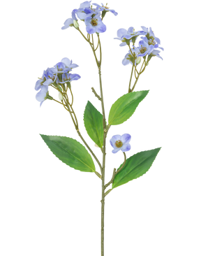 Eine künstliche Blumenorchidee Real Touch Lila 50 cm hat einen einzelnen grünen Stiel mit mehreren Zweigen, die jeweils mit Büscheln kleiner, hellvioletter Orchideenblüten und grünen Blättern vor einem weißen Hintergrund verziert sind.