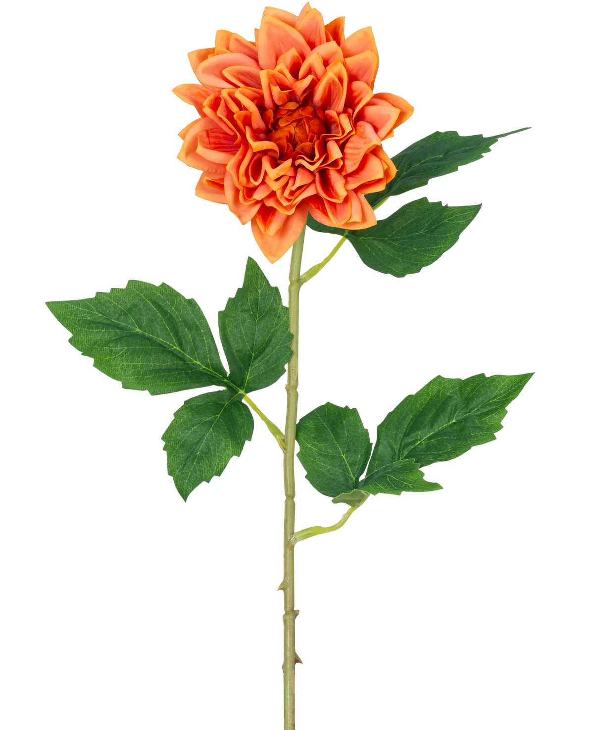 Die künstliche Blumen-Dahlie Real Touch Orange 54 cm besteht aus einer einzelnen orangefarbenen Dahlie mit geschichteten Blütenblättern, einem langen grünen Stiel und mehreren breiten grünen Blättern, isoliert auf einem weißen Hintergrund.