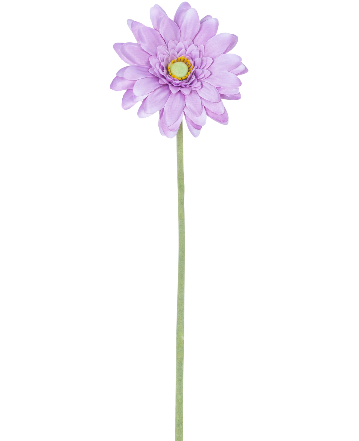 Die künstliche Blume Mini-Gerbera 47 cm lila hat eine einzelne hellviolette gänseblümchenartige Blüte mit geschichteten Blütenblättern und einer gelben Mitte auf einem langen, schlanken grünen Stiel, perfekt für die Präsentation vor einem weißen Hintergrund.