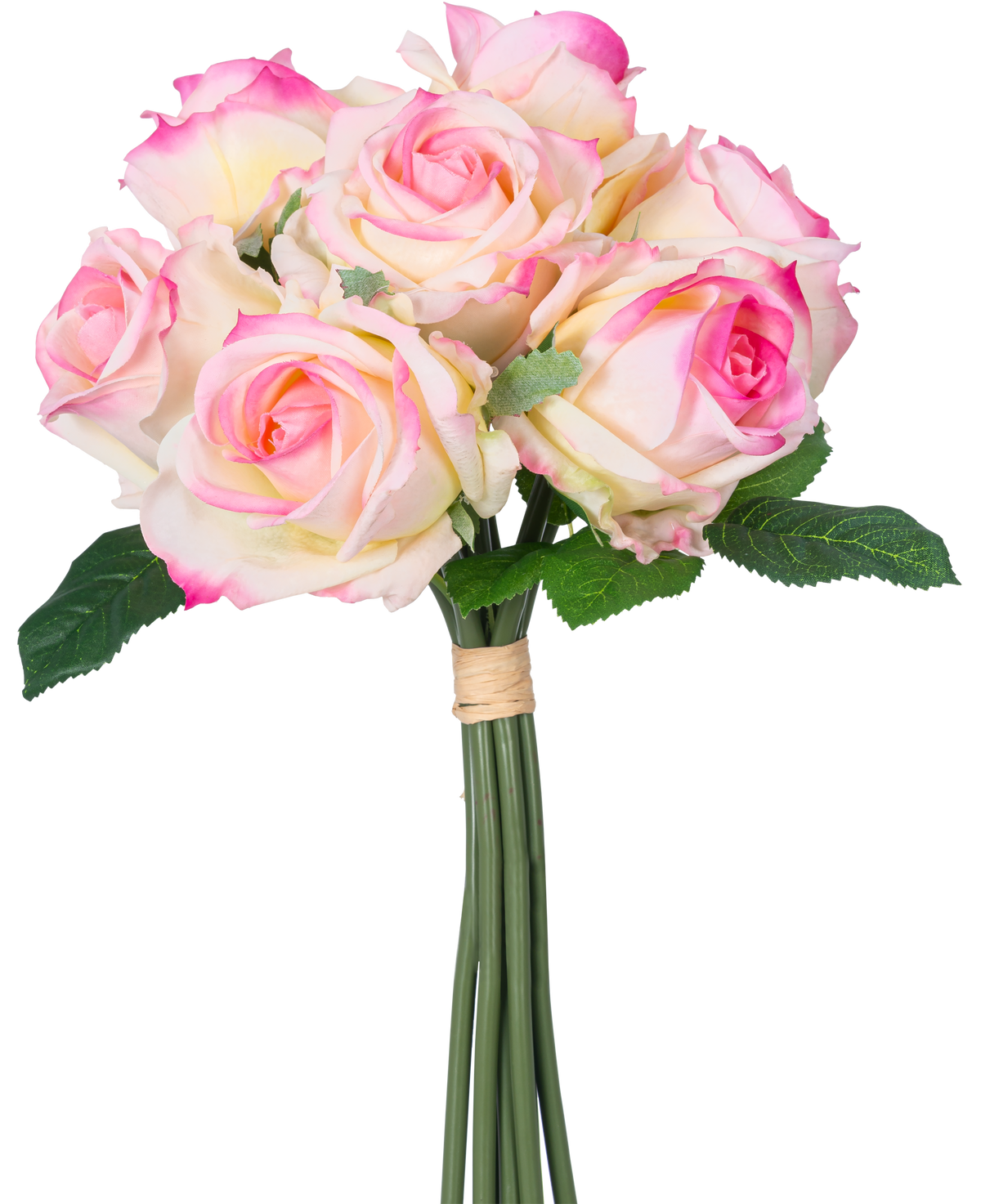 Der künstliche Rosenstrauß 7 Rosen Real Touch Creme/Pink 30 cm besteht aus sieben cremefarbenen und rosafarbenen Kunstrosen mit grünen Blättern und langen Stielen, die mit einem braunen Band zusammengebunden und vor einem weißen Hintergrund dargestellt sind.