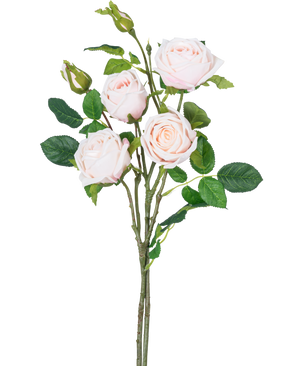Der künstliche Rosenzweig Double Real Touch hellrosa 80 cm hat einen Stiel mit drei voll erblühten hellrosa Rosen, zwei Rosenknospen und mehreren grünen Blättern vor einem weißen Hintergrund.
