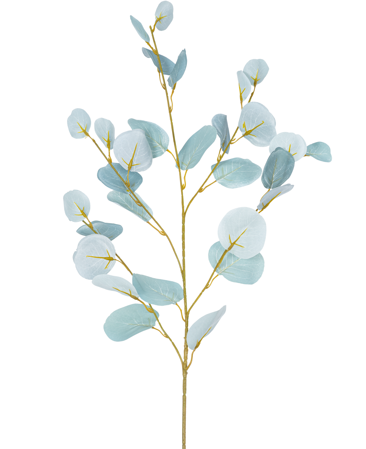 Der künstliche Zweig Eukalyptus 84 cm ist ein einzelner künstlicher Zweig mit mehreren Zweigen und runden, hellblau-grünen Blättern vor einem schlichten weißen Hintergrund.