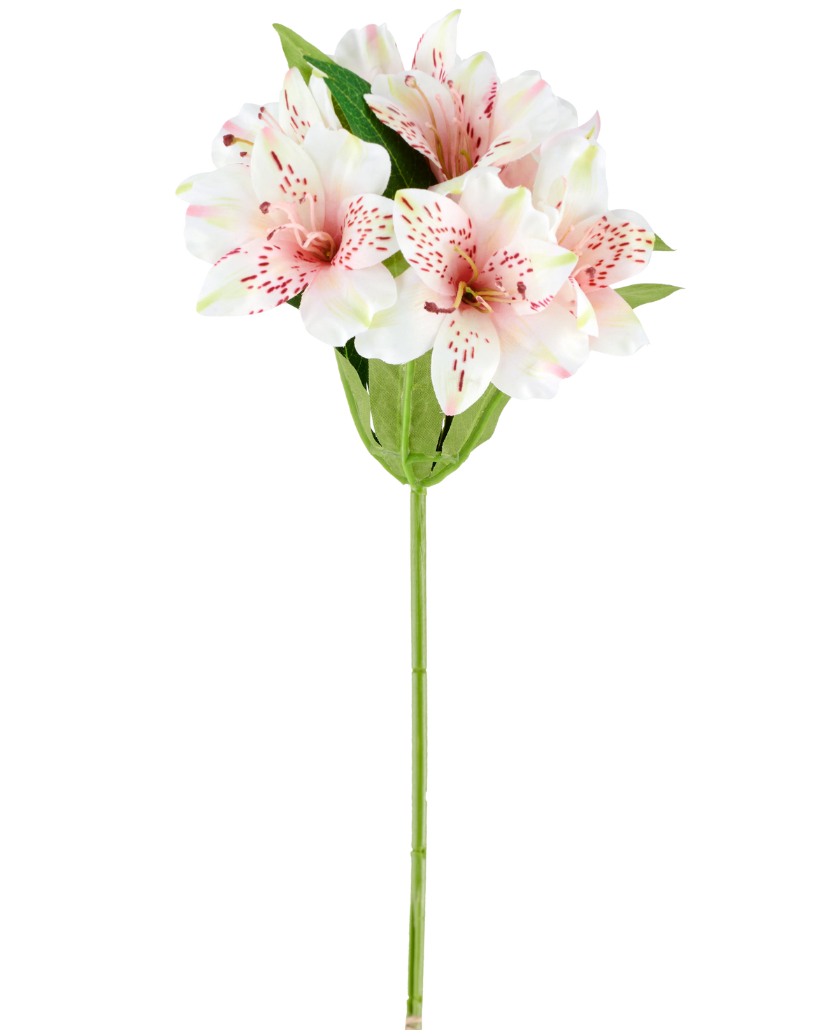 Eine künstliche Alstroemeria-Blume von 47 cm in Rosa/Creme, mit hellrosa und weißen künstlichen Lilien mit grünen Blättern und Stiel, dargestellt auf einem weißen Hintergrund.