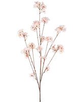 Die künstliche Blume Kirschblüte 130 cm in Rouge hat mehrere dünne Stiele mit Büscheln zarter, hellrosa Kirschblüten vor einem schlichten weißen Hintergrund.