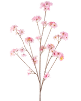 Die künstliche Kirschblüte 130 cm rosa hat einen einzelnen braunen Stiel, der sich in Büschel zartrosa Kirschblüten verzweigt, die sich wunderschön vor einem schlichten weißen Hintergrund abheben.