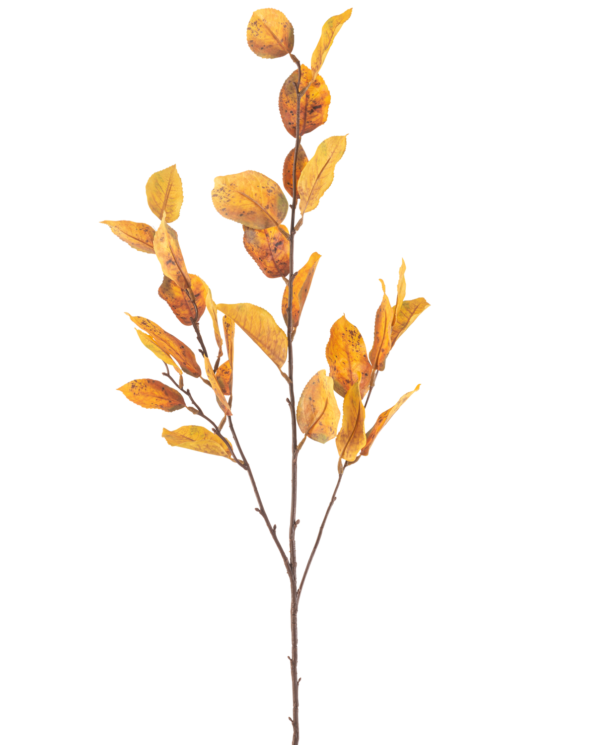 Die künstliche Blume Zitronenblatt 107 cm gelb hat einen einzelnen braunen Zweig mit Büscheln gelber Herbstblätter, isoliert auf einem weißen Hintergrund.