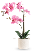Die künstliche Orchidee Real Touch 60 cm rosa/weiß hat eine rosa-weiße Orchidee mit verschiedenen Blüten und grünen Blättern in einem weißen, strukturierten Topf, der von einem dünnen Bambusstab getragen wird, vor einem schlichten weißen Hintergrund.