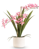 Die künstliche Pflanze Mini Cymbidium Real Touch 45 cm rosa hat lange grüne Blätter und mehrere rosa Blütenstiele, die in einem einfachen Topf mit weißer Textur und vor einem schlichten Hintergrund angeordnet sind.