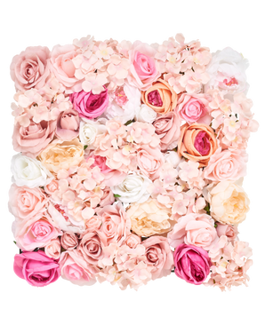 Die künstlichen Heckenblumen 50 x 50 cm in Hellrosa bestehen aus einer quadratischen Anordnung künstlicher Rosen und Hortensien in sanften Rosa-, Pfirsich-, Weiß- und Cremetönen, dicht gepackt für ein üppiges Blumenarrangement.