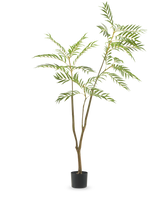 Die Kunstpflanze Mahonia 150 cm ist ein hoher Kunstbaum in einem Topf mit schlanken braunen Stämmen und langen, schmalen grünen Blättern, dargestellt vor einem schlichten weißen Hintergrund.