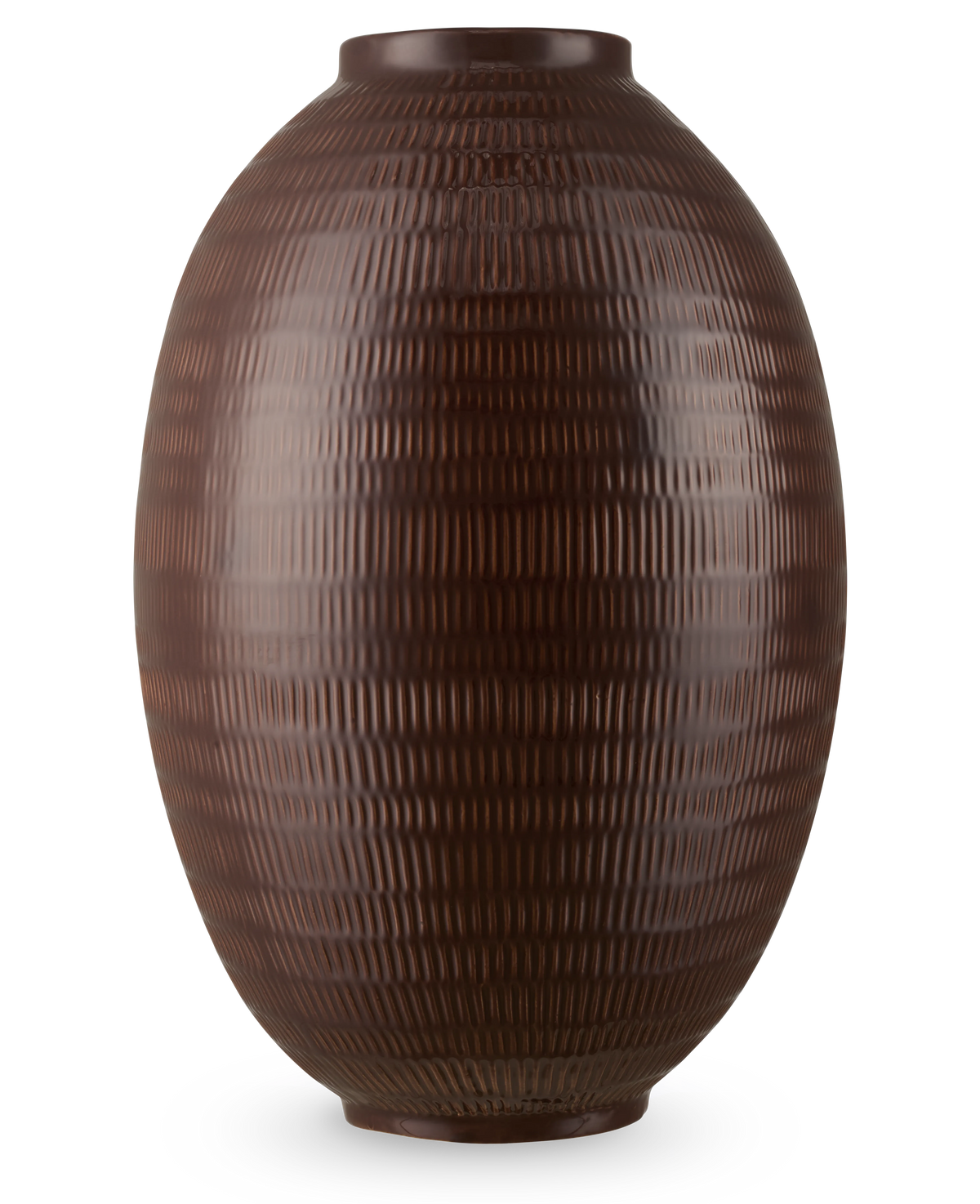 Die Vase Earth Nest 36 cm braun ist eine große, dunkelbraune, ovale Vase mit einem strukturierten Muster aus vertikalen und horizontalen Linien auf einem schlichten weißen Hintergrund.