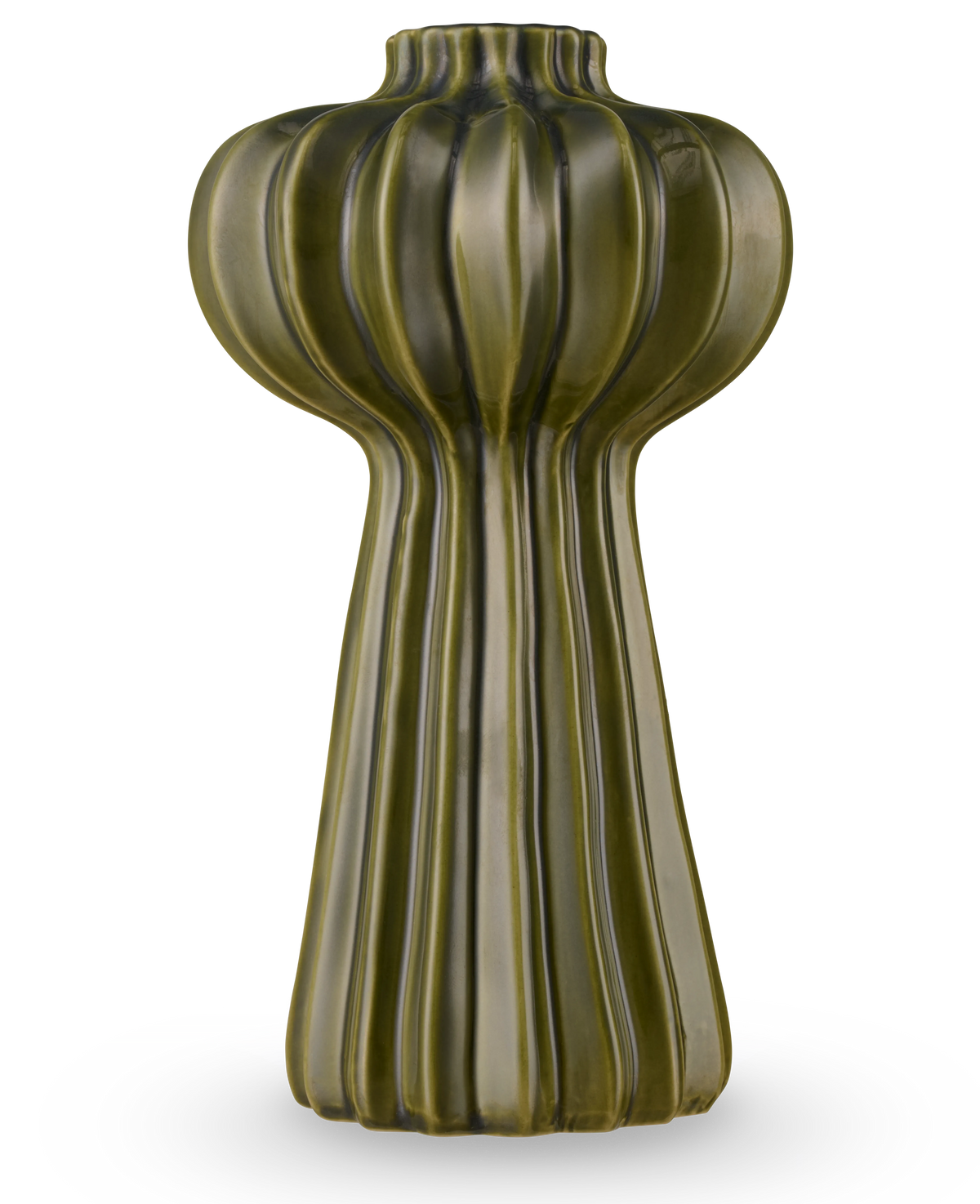 Die Morning Dawdrop Vase 25 cm grün ist eine hohe, moderne Vase mit glänzender olivgrüner Oberfläche, vertikalen Rillen und einer organischen, skulpturalen Form, die sich von einer kugelförmigen Oberseite zu einem eleganten, geriffelten Sockel verjüngt.