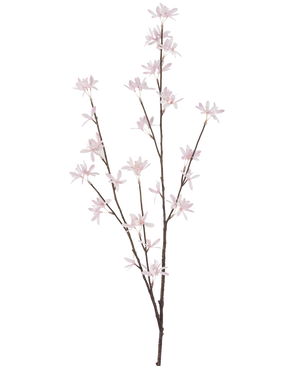 Die künstlichen Wildblumen 112 cm hellrosa sind ein einzelner brauner Zweig mit mehreren dünnen Stielen, die jeweils mit kleinen, zarten hellrosa Blüten verziert sind, die auf einem schlichten weißen Hintergrund präsentiert werden.