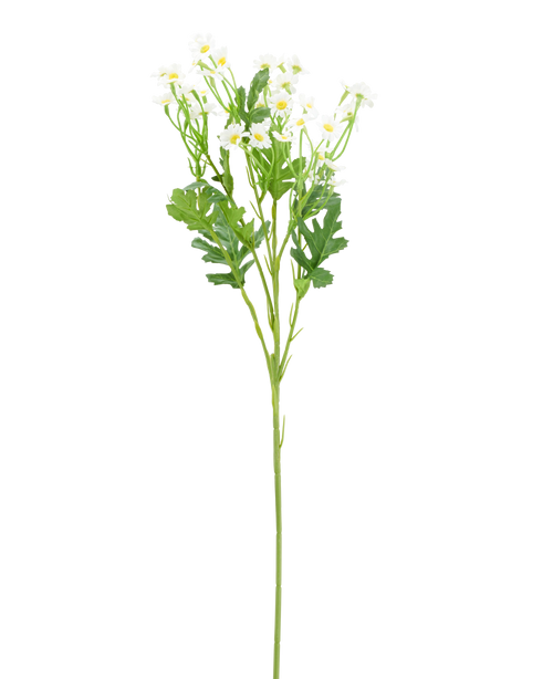 Kunstblume Daisy Mini 61 cm: weiße Kunstblume in Form eines Gänseblümchens, mit weißen Blütenblättern, einem gelben Herzen und grünen Blättern.