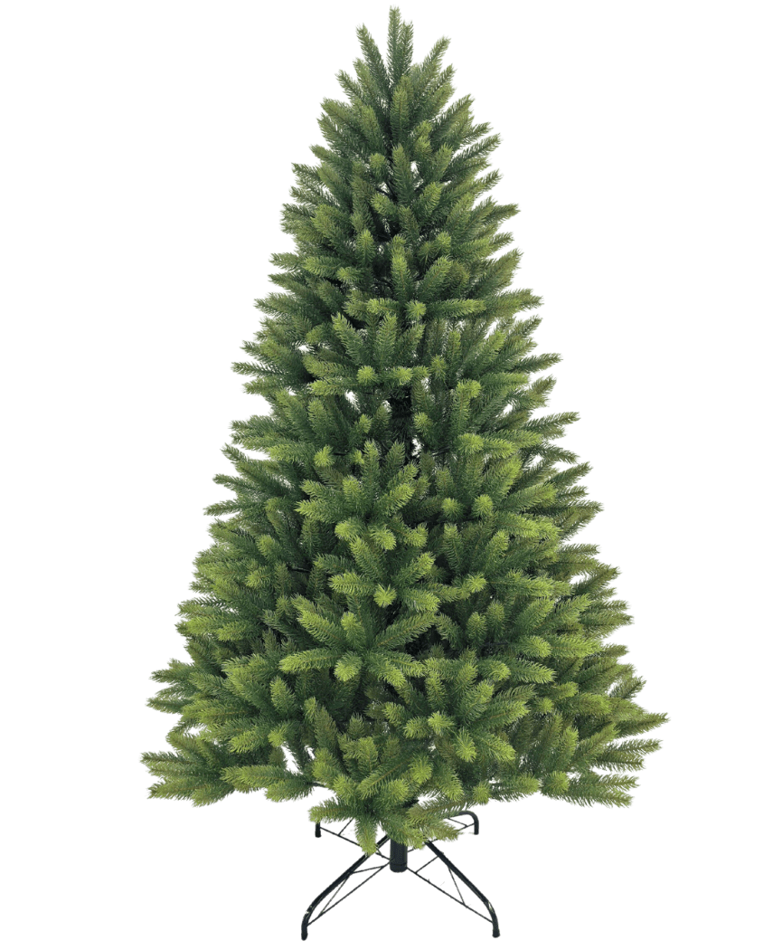 Der künstliche Weihnachtsbaum „Ask“ aus 100 % PE hat dichte, gleichmäßig verteilte grüne Zweige aus echten PE-Nadeln. Es steht auf einem schwarzen Metallständer und ist vor einem schlichten weißen Hintergrund abgebildet.