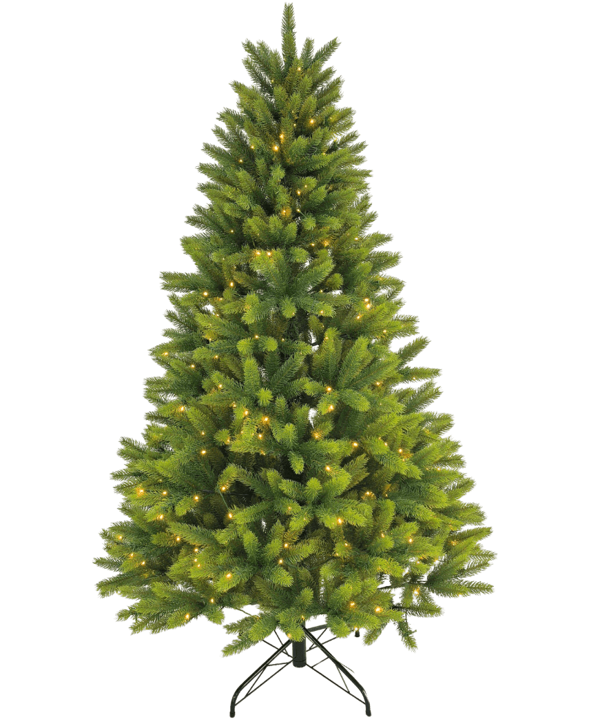 Der künstliche Weihnachtsbaum „Ask“ aus 100 % PE – Smart LED hat echte Touch-Zweige, integrierte warmweiße Beleuchtung und steht auf einem schwarzen Metallständer vor einem schlichten weißen Hintergrund.