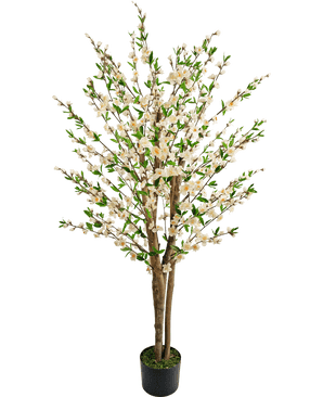 Die künstliche Kirschblütenpflanze 150 cm cremefarben hat mehrere braune Stämme, grüne Blätter und Büschel kleiner weißer Blüten in einem künstlichen Baum in einem Topf vor einem schlichten weißen Hintergrund.