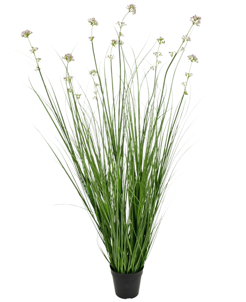 Der 120 cm große, feuerhemmende Kunstrasen-Lauchblumen-Zwiebel-Grastopf hat lange grüne, grasähnliche Blätter und lange Stiele mit hellvioletten Blütenbüscheln, perfekt, um jedem Raum lebensechtes Grün zu verleihen.