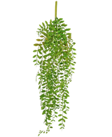 Die künstliche Hängepflanze Pumila 89 cm hat kleine, ovale grüne Blätter an mehreren hängenden Stielen vor einem schlichten weißen Hintergrund.