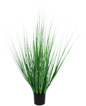 Die feuerhemmende Kunstrasenpflanze Zwiebel 100 cm hat einen schwarzen Topf mit dichten, aufrechten, schlanken grünen grasähnlichen Blättern, perfekt, um jedem Raum eine moderne Note zu verleihen.
