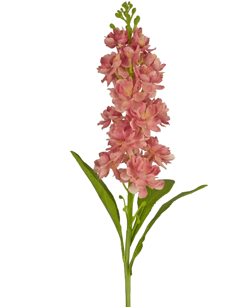 Die Kunstblume Violier 78 cm rosa ist eine künstliche rosafarbene Stockblume mit mehreren Blüten und grünen Blättern, die vor einem weißen Hintergrund präsentiert wird.