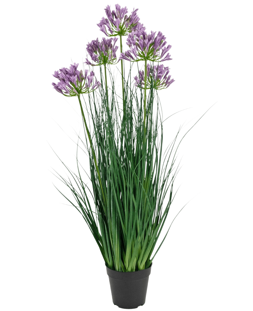 Der Kunstrasen-Agapanthus-Zwiebelgrastopf in Lila ist eine 90 cm hohe, feuerhemmende Kunstpflanze mit langen grünen Blättern und violetten Blütensträußen, die in einem schlichten schwarzen Topf vor einem weißen Hintergrund präsentiert wird.