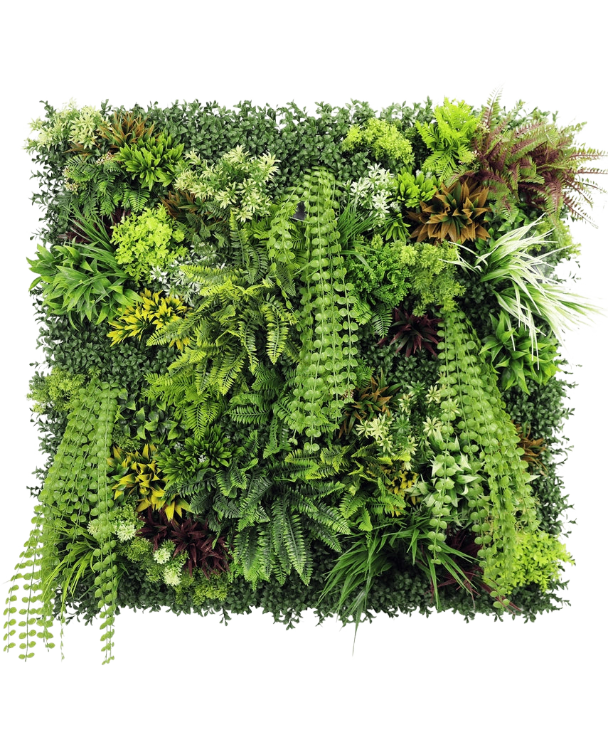Die künstliche Hecke Lush Deco Deluxe 100 x 100 cm UV ist ein quadratisches, vertikales Gartenpaneel mit dichtem, strukturiertem Grün mit einer Mischung aus Blattpflanzen, Farnen und Gräsern – perfekt für die Schaffung einer lebendigen natürlichen Darstellung vor einem weißen Hintergrund.