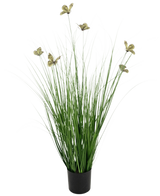 Der feuerhemmende Kunstrasen-Schmetterlings-Zwiebelgras-Topf (90 cm) hat lange, dünne grüne Kunstrasenblätter und gelbliche Blüten an langen Stielen, die in einem Topf vor einem schlichten weißen Hintergrund präsentiert werden.