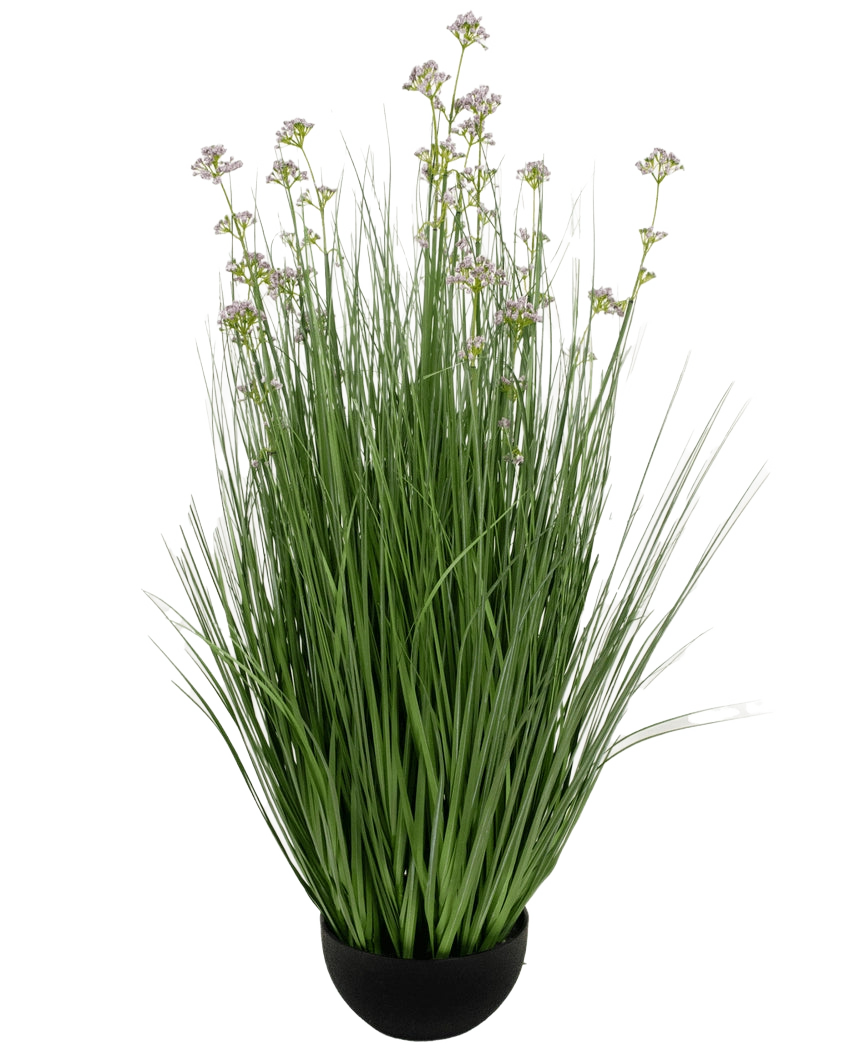 Der feuerhemmende Kunstrasen-Lauchblumen-Zwiebelgrastopf 100 cm hat einen schwarzen Topf mit hohen, dünnen grünen Kunstblättern und kleinen lila Blüten an langen Stielen vor einem weißen Hintergrund.