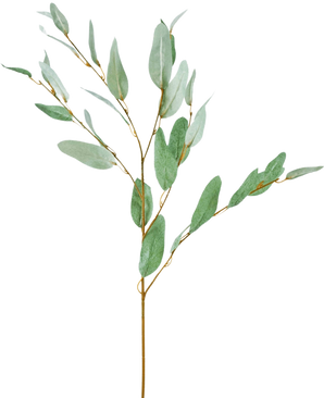 Der künstliche Zweig Eukalyptus 86 cm grün besteht aus einem einzelnen dekorativen Eukalyptuszweig mit schlanken grünen Seidenblättern und dünnen braunen Stielen, isoliert auf einem weißen Hintergrund.