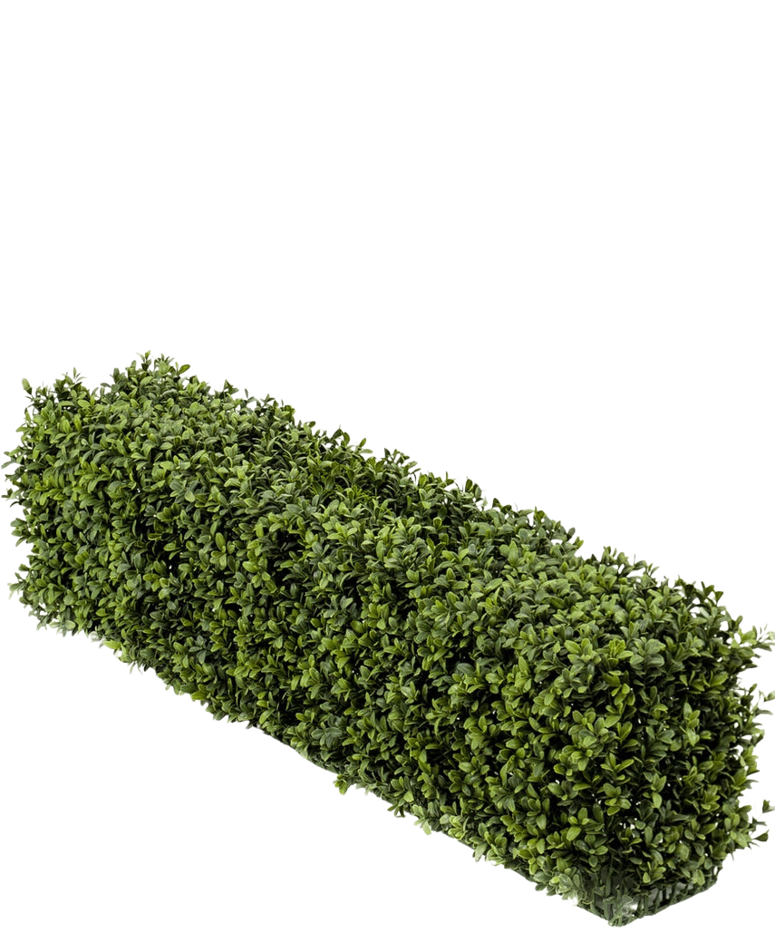 Eine künstliche Buchsbaumhecke UV im Format 100 x 20 x 25 cm hat eine rechteckige Hecke mit dichten grünen künstlichen Buchsbaumblättern vor einem schlichten weißen Hintergrund.