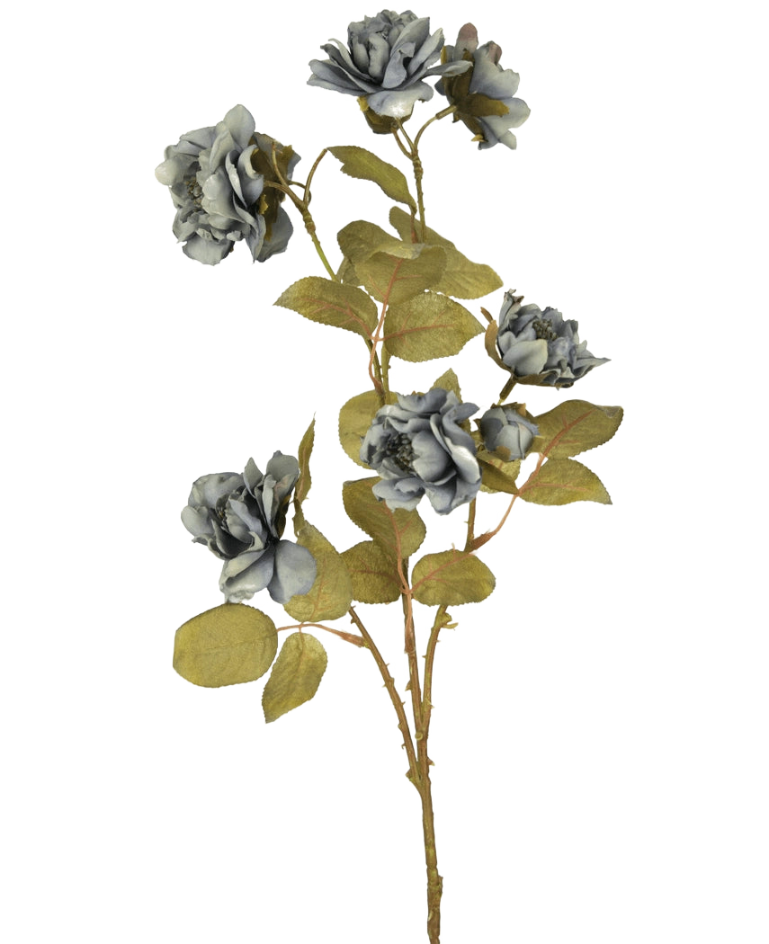 Die Kunstrose Nero 68 cm blau besteht aus mehreren graublauen Kunstrosen mit grünen Blättern auf schlanken braunen Stielen vor einem schlichten weißen Hintergrund.