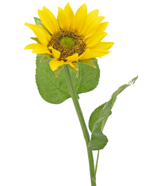 Die künstliche Sonnenblume Deluxe 52 cm ist eine künstliche Sonnenblume mit leuchtend gelben Blütenblättern, einem dunkelbraunen Herzen und grünen Blättern an einem langen Stiel, fotografiert vor einem schlichten weißen Hintergrund.