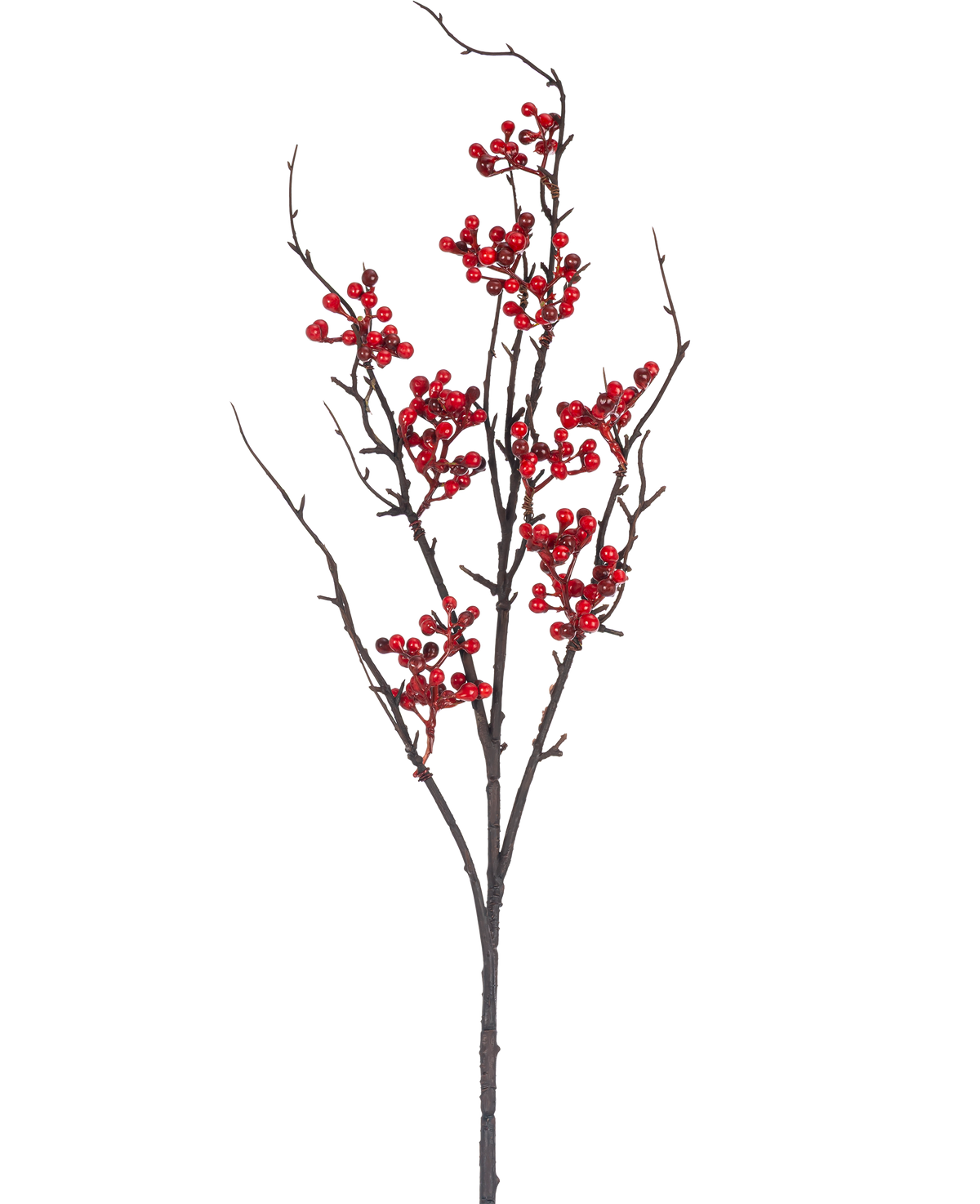 Der künstliche Beerenzweig 93 cm rot hat einen kahlen braunen Zweig mit mehreren Ablegern und Büscheln leuchtend roter Beeren vor einem schlichten weißen Hintergrund.