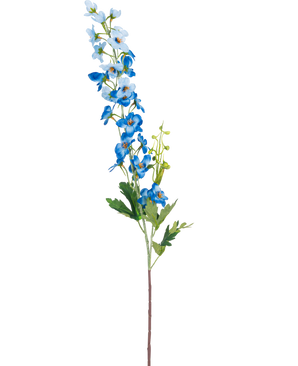De Kunstbloem Delphinium 79 cm blauw heeft een enkele lange steel met blauwe bloemen in trossen en groene bladeren tegen een witte achtergrond. De bloemen gaan van licht- naar diepblauw langs de bovenkant van de steel.