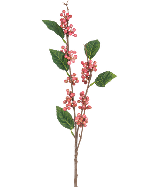 De Kunsttak Berries 64 cm roze heeft meerdere trossen kleine, ronde roze bessen met groen gekartelde bladeren op dunne bruine stelen, allemaal geïsoleerd tegen een witte achtergrond.