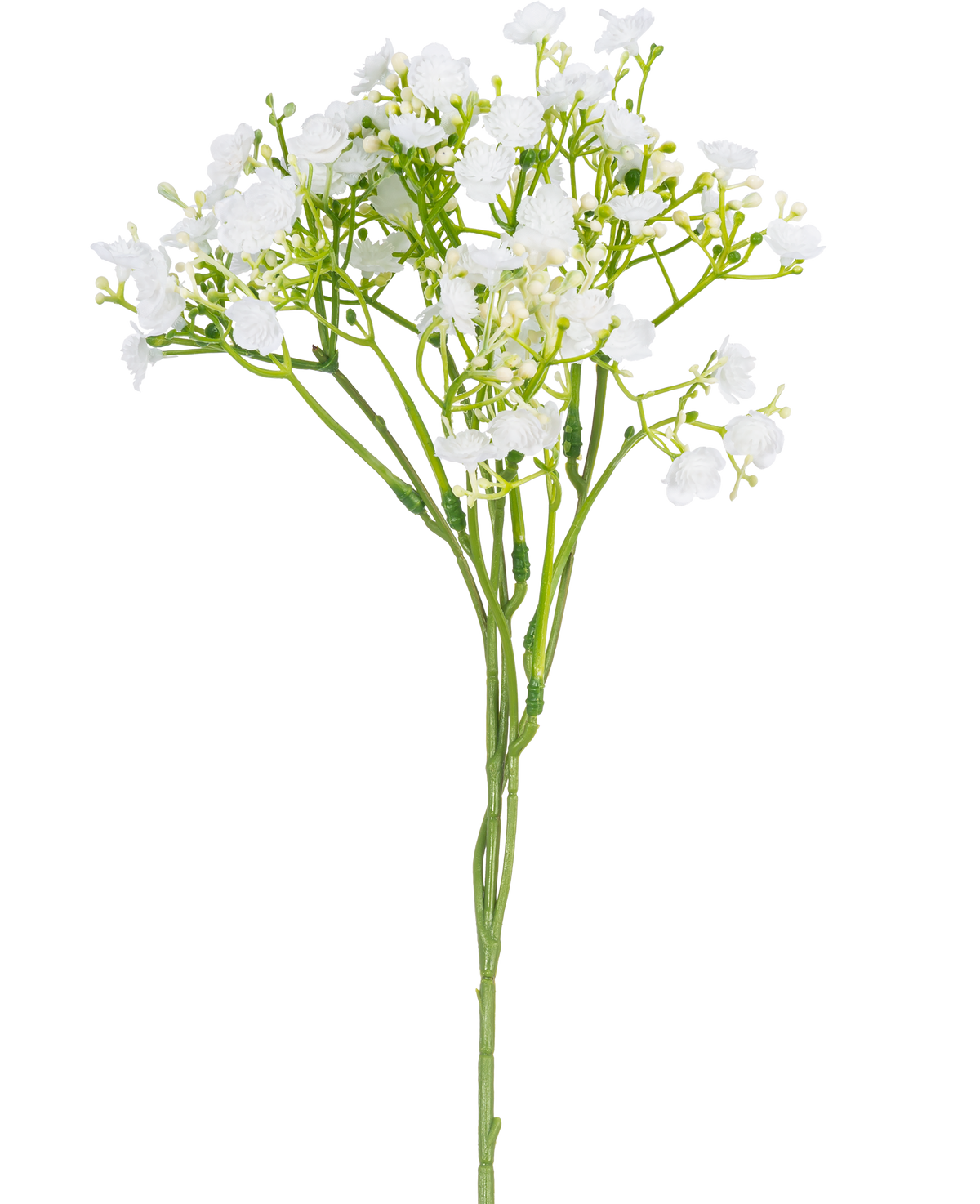 Ein einzelner künstlicher Zweig von Baby's Breath mit einer Größe von 46 cm mit kleinen, zarten weißen Blüten und grünen Stielen vor einem schlichten weißen Hintergrund.