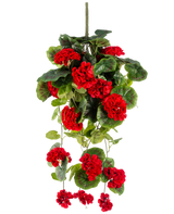 De Kunst hangplant Geranium 75 cm rood heeft levendige rode kunstgeraniumbloemen met weelderige groene bladeren die elegant naar beneden vallen.