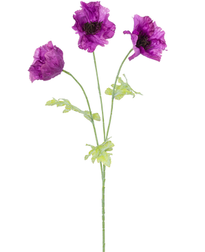 De Kunstbloem Klaproos 73 cm lila heeft drie paarse kunstmatige klaproosbloemen met groene stelen en bladeren, tegen een effen witte achtergrond. De delicate, licht gekreukelde bloemblaadjes voegen textuur toe aan het arrangement.