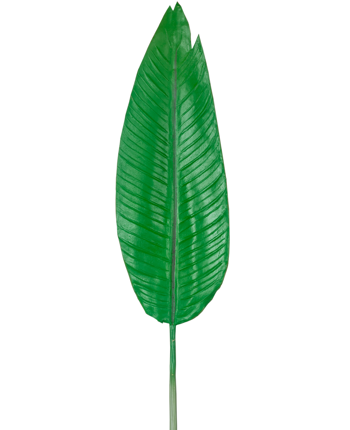 Die künstliche Blatt-Strelitzie 110 cm ist ein großes, grünes künstliches Blatt mit einer markanten Mittelrippe und sichtbaren Seitenadern, dargestellt vor einem schlichten weißen Hintergrund.
